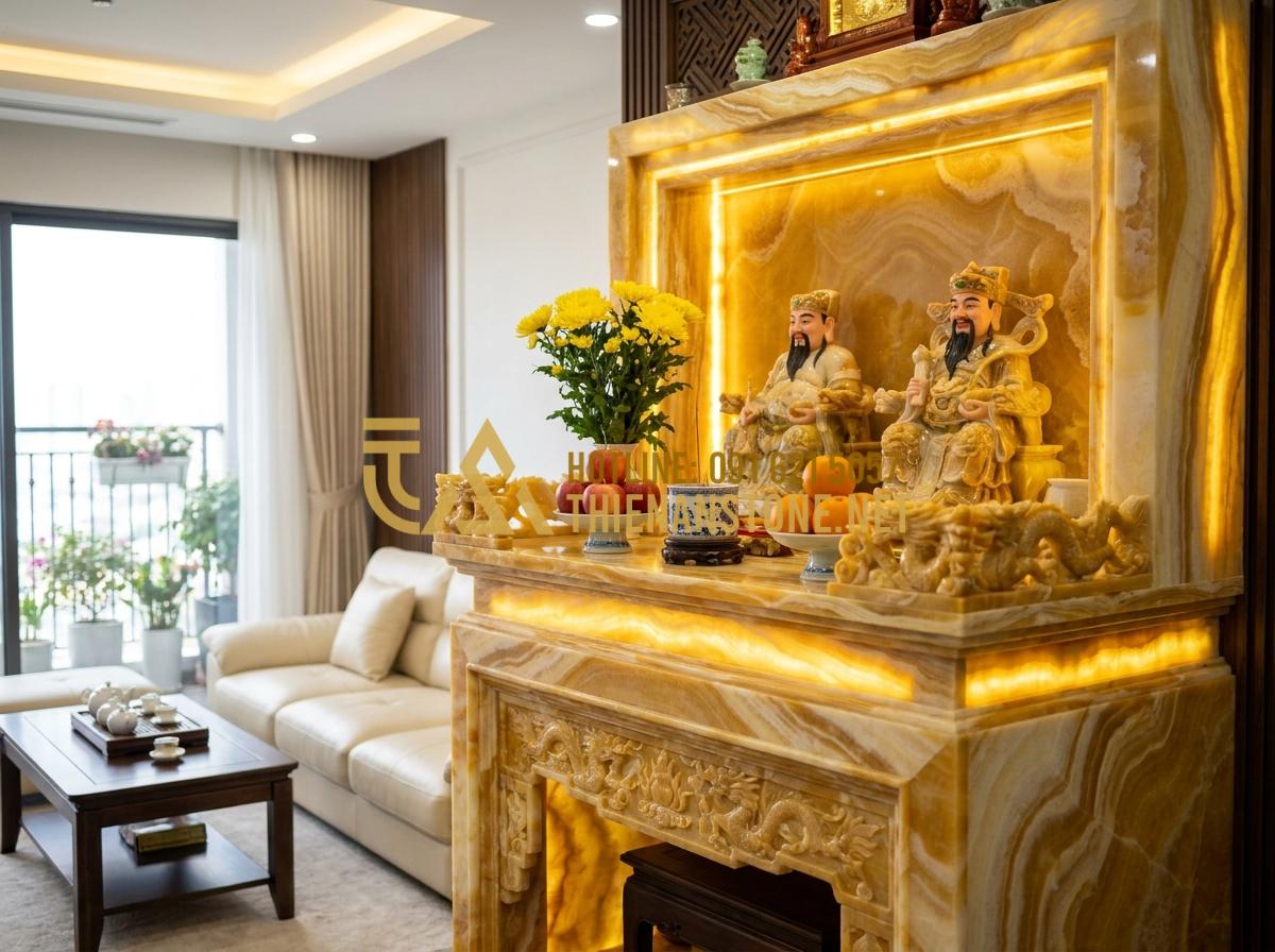 Bàn Thờ Ông Địa Bằng Đá Giá Bao Nhiêu? Cập Nhật Bảng Giá Mới Nhất 2026 - Tạo ảnh tiếng Anh: A high-end, elegant interior of a modern Vietnamese living ro