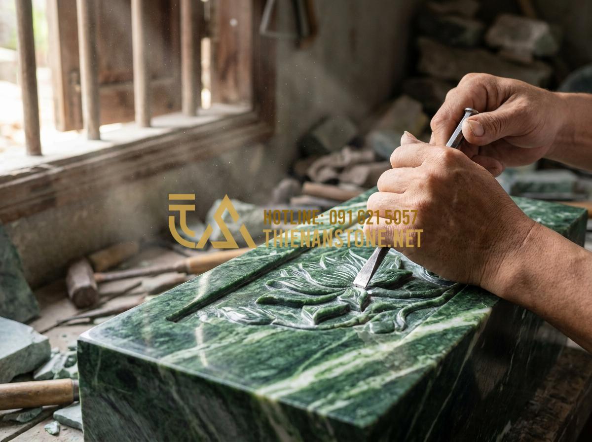 Bàn Thờ Ông Địa Bằng Đá Giá Bao Nhiêu? Cập Nhật Bảng Giá Mới Nhất 2026 - Tạo ảnh tiếng Anh: A close-up professional photograph of a master artisan carvin