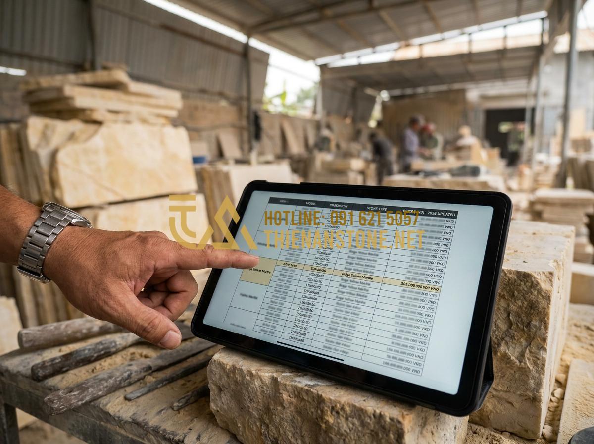 Bàn Thờ Ông Địa Bằng Đá Giá Bao Nhiêu? Cập Nhật Bảng Giá Mới Nhất 2026 - Tạo ảnh tiếng Anh: A detailed price list table displayed on a sleek digital tabl