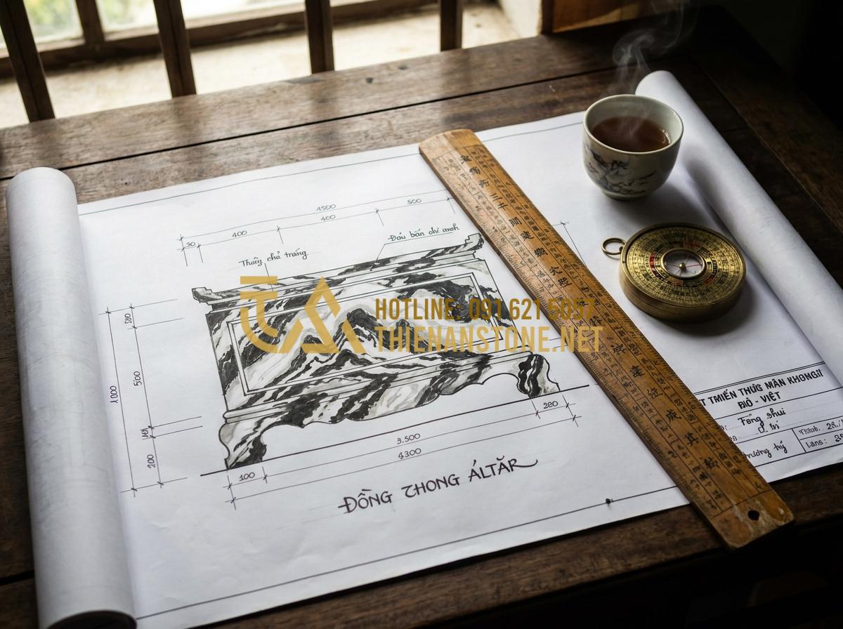 Bàn Thờ Ông Địa Bằng Đá Giá Bao Nhiêu? Cập Nhật Bảng Giá Mới Nhất 2026 - Tạo ảnh tiếng Anh: An architectural drawing layout of a stone altar on a wooden