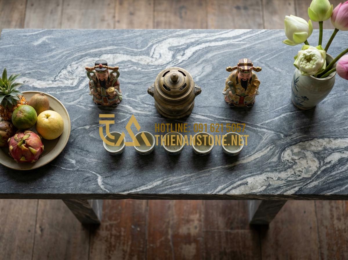 Bàn Thờ Ông Địa Bằng Đá Giá Bao Nhiêu? Cập Nhật Bảng Giá Mới Nhất 2026 - Tạo ảnh tiếng Anh: A top-down infographic illustrating the correct arrangement o