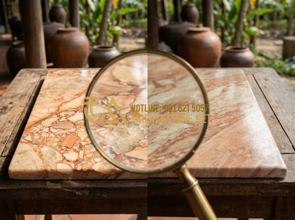 Bàn Thờ Ông Địa Bằng Đá Giá Bao Nhiêu? Cập Nhật Bảng Giá Mới Nhất 2026 - Tạo ảnh tiếng Anh: A split-screen image for comparison. On one side, a close-up