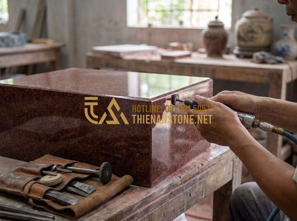 Bàn Thờ Ông Địa Bằng Đá Hoa Cương: Ưu Điểm, Mẫu Đẹp Và Báo Giá Tại Xưởng - A close-up shot showing the detailed texture of polished red granite used for a