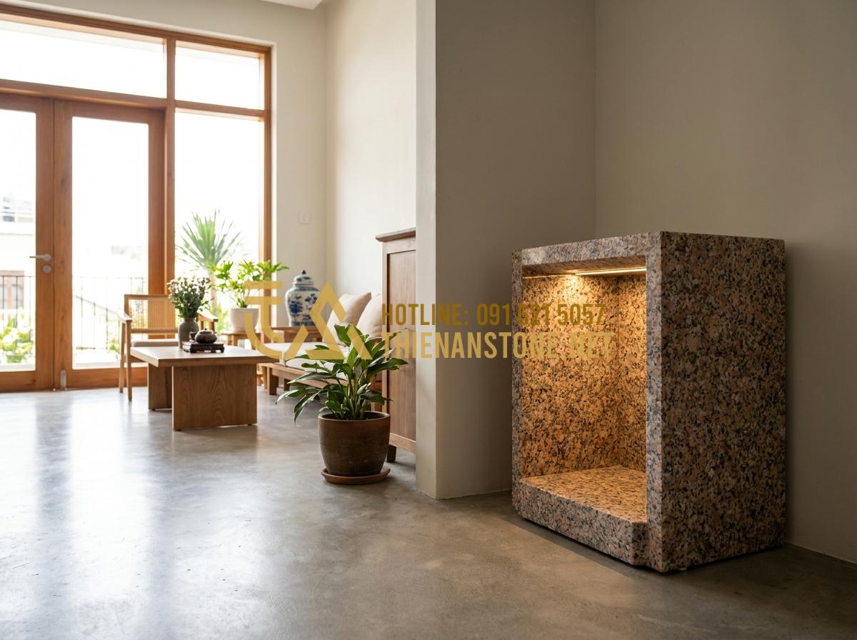 Bàn Thờ Ông Địa Bằng Đá Hoa Cương: Ưu Điểm, Mẫu Đẹp Và Báo Giá Tại Xưởng - A wide view of a modern Vietnamese living room showing the correct placement of