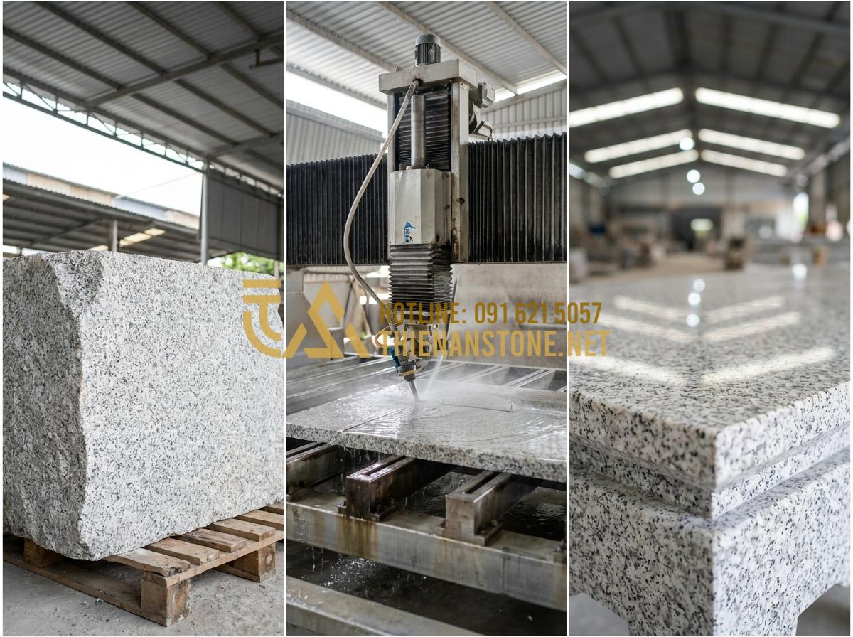 Bàn Thờ Ông Địa Bằng Đá Hoa Cương: Ưu Điểm, Mẫu Đẹp Và Báo Giá Tại Xưởng - A montage of the manufacturing process at Thien An Stone workshop. Left: A large