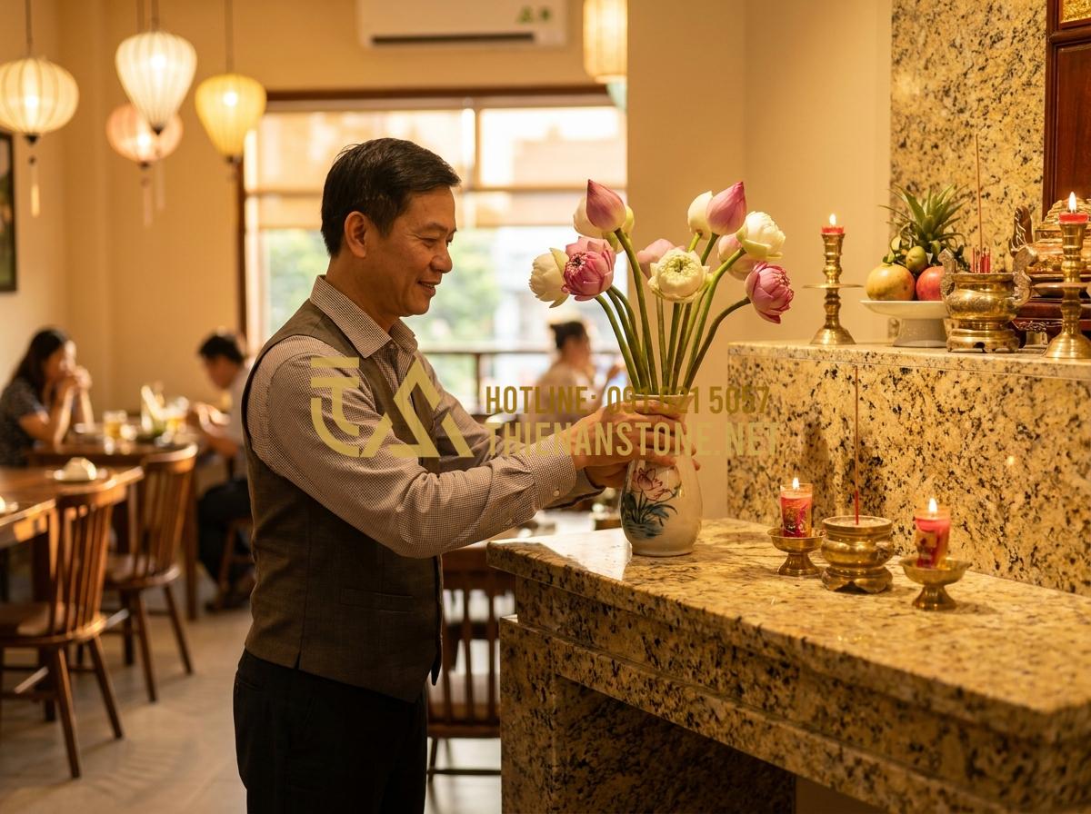 Bàn Thờ Ông Địa Bằng Đá Hoa Cương: Ưu Điểm, Mẫu Đẹp Và Báo Giá Tại Xưởng - A heartfelt photo of Mr. Hung, a middle-aged Vietnamese businessman with a gentl