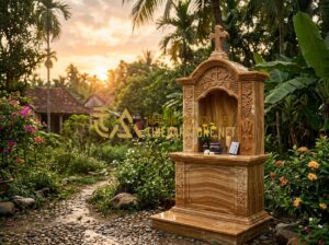 Bàn Thờ Thiên (Bàn Thiên) Công Giáo Ngoài Trời: Ý Nghĩa Và Cách Đặt Chuẩn - Tạo ảnh tiếng Anh: A serene garden in a Vietnamese rural village at sunset. An e
