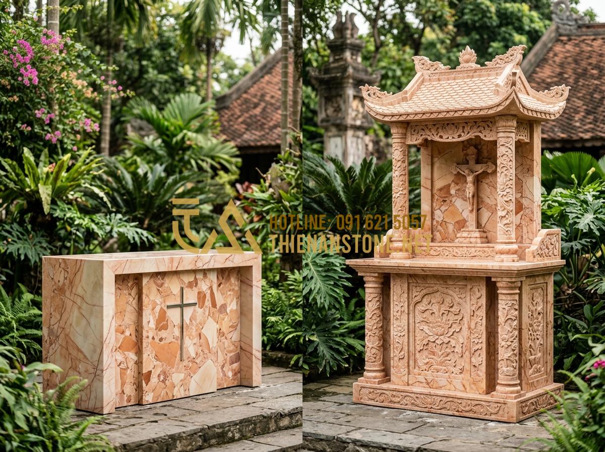Bàn Thờ Thiên (Bàn Thiên) Công Giáo Ngoài Trời: Ý Nghĩa Và Cách Đặt Chuẩn - Hình 6 Bàn Thờ Thiên (Bàn Thiên) Công Giáo Ngoài Trời: Ý Nghĩa Và Cách Đặt Chuẩn - Tạo ảnh tiếng Anh: A side-by-side comparison of two stone altars. On the left, a
