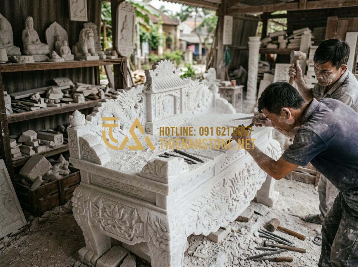 Bàn Thờ Thiên (Bàn Thiên) Công Giáo Ngoài Trời: Ý Nghĩa Và Cách Đặt Chuẩn - Hình 7 Bàn Thờ Thiên (Bàn Thiên) Công Giáo Ngoài Trời: Ý Nghĩa Và Cách Đặt Chuẩn - Tạo ảnh tiếng Anh: Behind-the-scenes view of a stone carving workshop. Skilled a