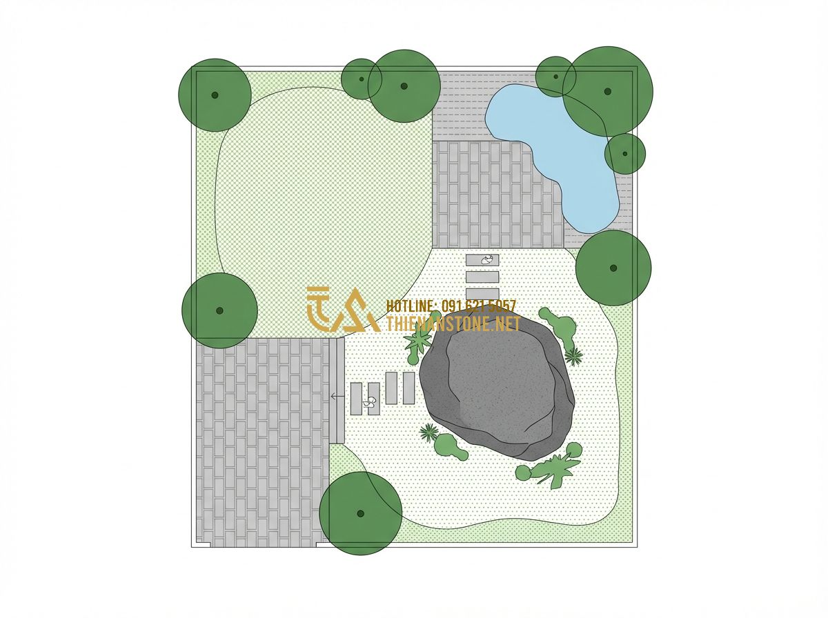 Bản Vẽ Thiết Kế Sân Vườn - Mẫu Bản Vẽ & Hồ Sơ Thiết Kế Chi Tiết - Hình 2 Bản Vẽ Thiết Kế Sân Vườn - Mẫu Bản Vẽ & Hồ Sơ Thiết Kế Chi Tiết - Tạo ảnh tiếng Anh: A detailed 2D architectural site plan of a garden layout, sho
