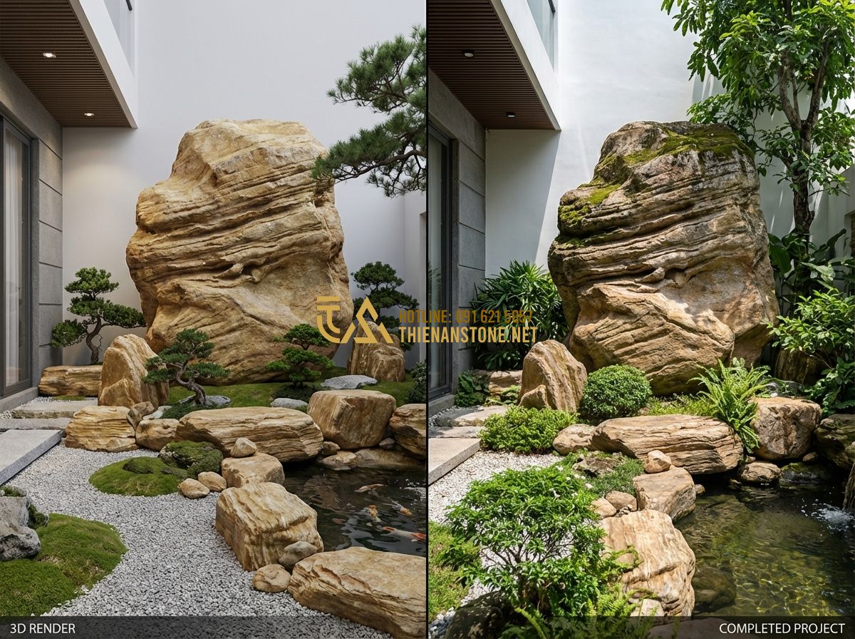 Bản Vẽ Thiết Kế Sân Vườn - Mẫu Bản Vẽ & Hồ Sơ Thiết Kế Chi Tiết - Hình 5 Bản Vẽ Thiết Kế Sân Vườn - Mẫu Bản Vẽ & Hồ Sơ Thiết Kế Chi Tiết - Tạo ảnh tiếng Anh: A collage showing a professional architectural 3D render of a