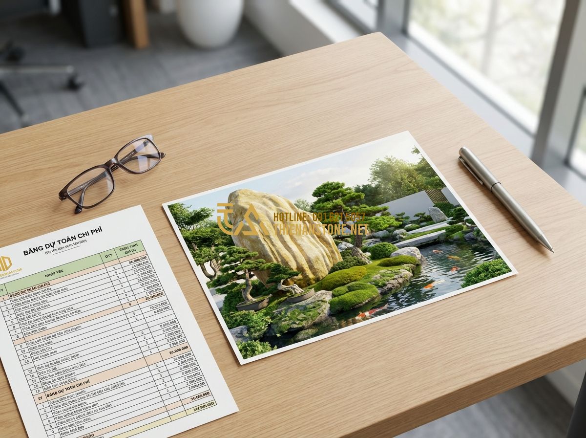 Bản Vẽ Thiết Kế Sân Vườn - Mẫu Bản Vẽ & Hồ Sơ Thiết Kế Chi Tiết - Hình 7 Bản Vẽ Thiết Kế Sân Vườn - Mẫu Bản Vẽ & Hồ Sơ Thiết Kế Chi Tiết - Tạo ảnh tiếng Anh: A professional cost estimate document lying next to a colorfu