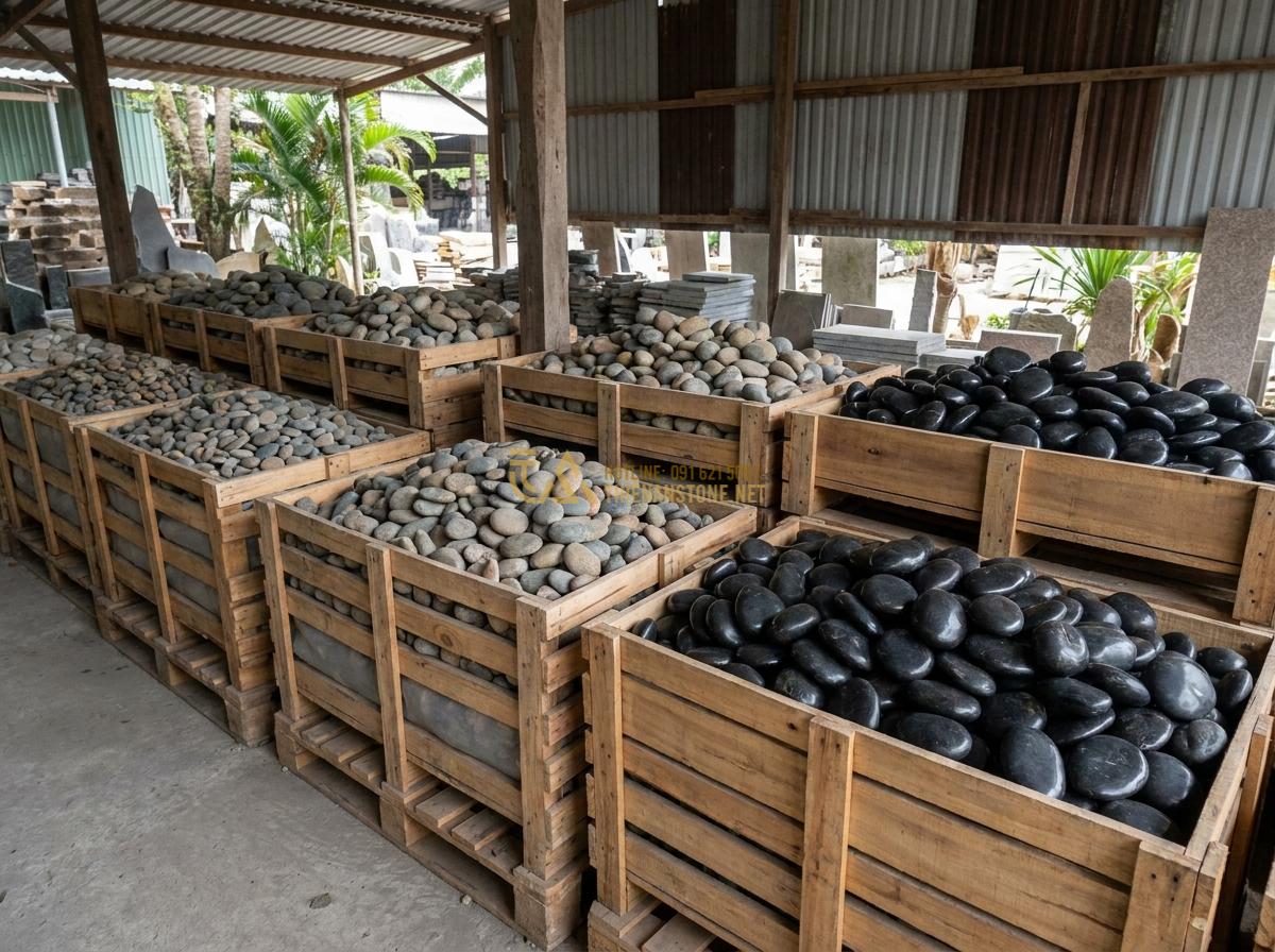 Bảng Báo Giá Đá Cuội Mới Nhất 2026 - Địa Chỉ Cung Cấp Sỉ Lẻ Uy Tín - Assortment of categorized natural pebble stones by size and color displayed in w