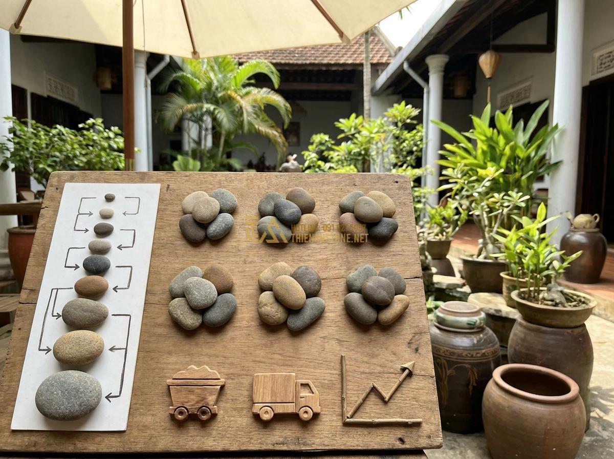 Bảng Báo Giá Đá Cuội Mới Nhất 2026 - Địa Chỉ Cung Cấp Sỉ Lẻ Uy Tín - Infographic style image illustrating factors affecting pebble stone prices in 20