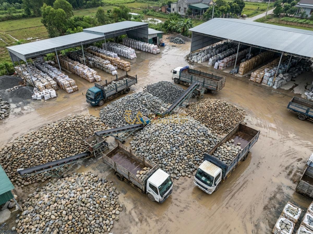 Bảng Báo Giá Đá Cuội Mới Nhất 2026 - Địa Chỉ Cung Cấp Sỉ Lẻ Uy Tín - Aerial view of Da Canh Thien An stone supplier facility in Vietnam showing large