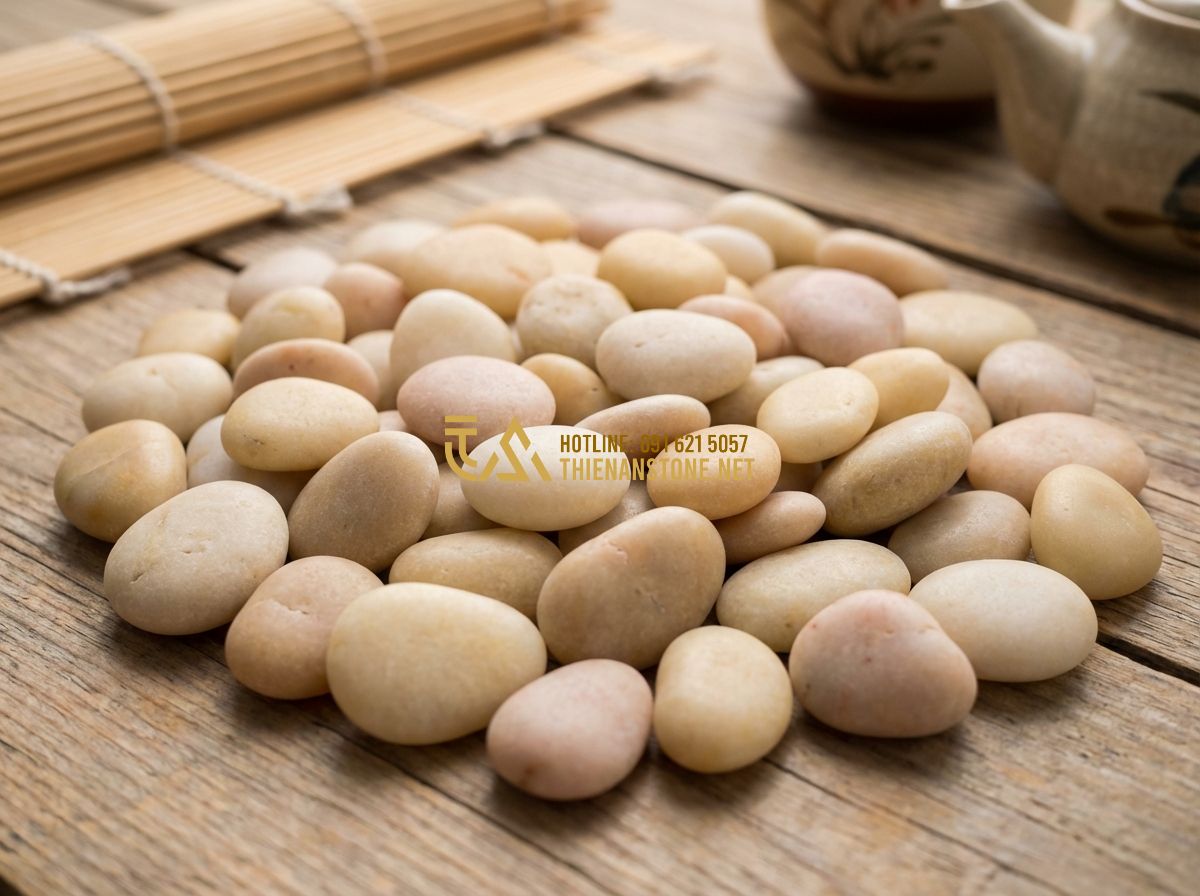 Bảng Báo Giá Sỏi Trang Trí Sân Vườn Và Bể Cá Cập Nhật Mới Nhất 2024 - Hình 1 Bảng Báo Giá Sỏi Trang Trí Sân Vườn Và Bể Cá Cập Nhật Mới Nhất 2024 - Tạo ảnh tiếng Anh: A high-angle view of a Zen garden featuring white pebbles rak