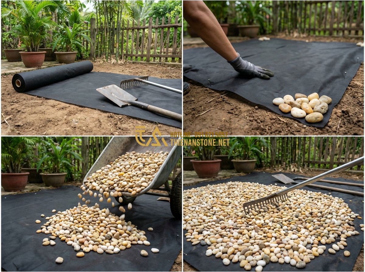 Bảng Báo Giá Sỏi Trang Trí Sân Vườn Và Bể Cá Cập Nhật Mới Nhất 2024 - Hình 4 Bảng Báo Giá Sỏi Trang Trí Sân Vườn Và Bể Cá Cập Nhật Mới Nhất 2024 - Tạo ảnh tiếng Anh: A beautiful indoor koi pond surrounded by smooth black and wh