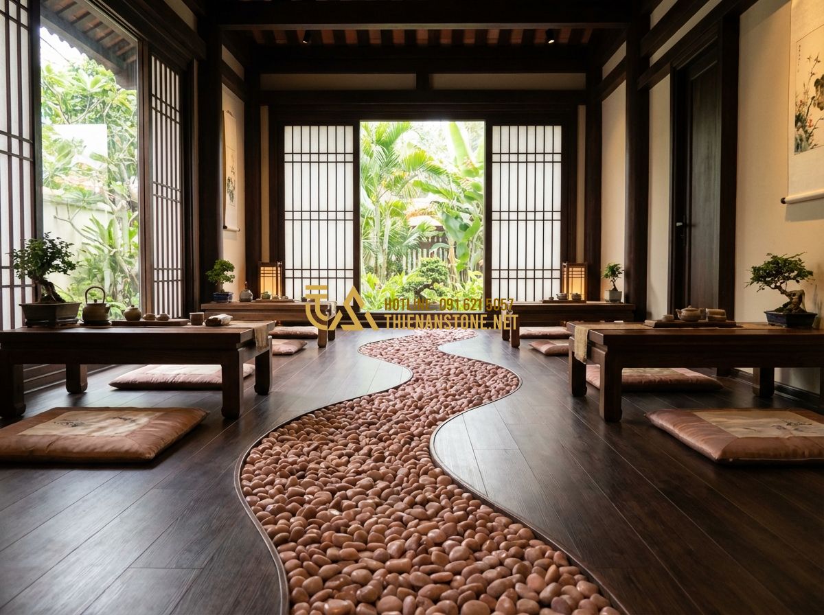 Bảng Báo Giá Sỏi Trang Trí Sân Vườn Và Bể Cá Cập Nhật Mới Nhất 2024 - Hình 6 Bảng Báo Giá Sỏi Trang Trí Sân Vườn Và Bể Cá Cập Nhật Mới Nhất 2024 - Tạo ảnh tiếng Anh: A panoramic shot of a large stone workshop (Thien An Stone),