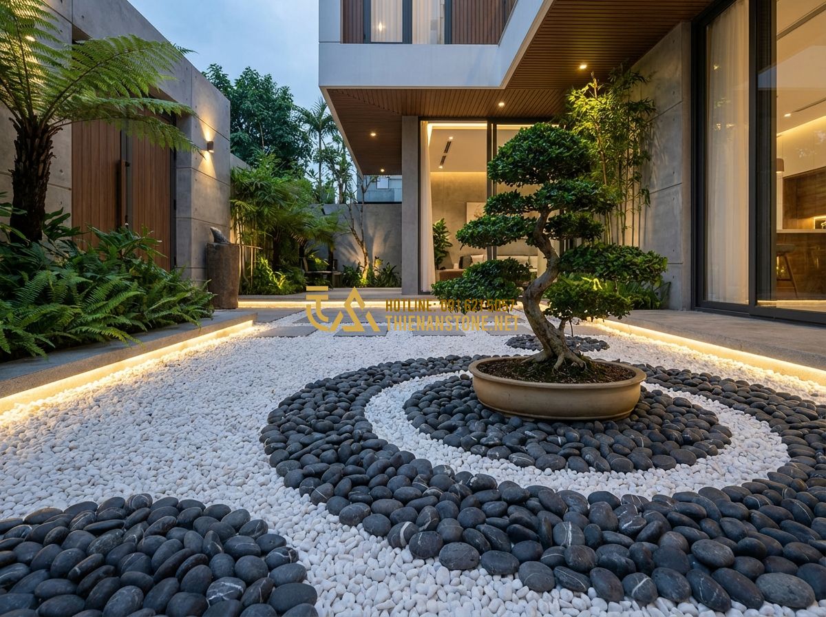Bảng Báo Giá Sỏi Trang Trí Sân Vườn Và Bể Cá Cập Nhật Mới Nhất 2024 - Hình 8 Bảng Báo Giá Sỏi Trang Trí Sân Vườn Và Bể Cá Cập Nhật Mới Nhất 2024 - Tạo ảnh tiếng Anh: A professional business card of "Thien An Stone" placed on a
