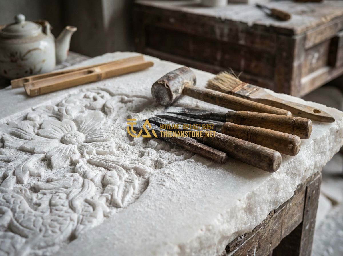 Bảng Giá Biển Hiệu Đá Tự Nhiên Mới Nhất 2024 - Cập Nhật Chi Tiết Từng Loại Đá - Tạo ảnh tiếng Anh: An elderly artisan with weathered hands carefully carving int