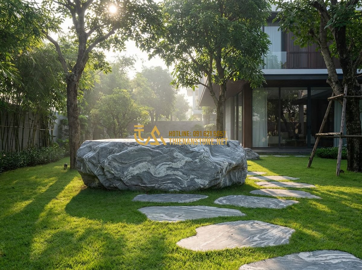Bảng Giá Đá Bước Dặm Mới Nhất 2024 - Báo Giá Đá Dặm Bước Sân Vườn Rẻ Nhất - Tạo ảnh tiếng Anh: A high-end garden landscape featuring natural stepping stones