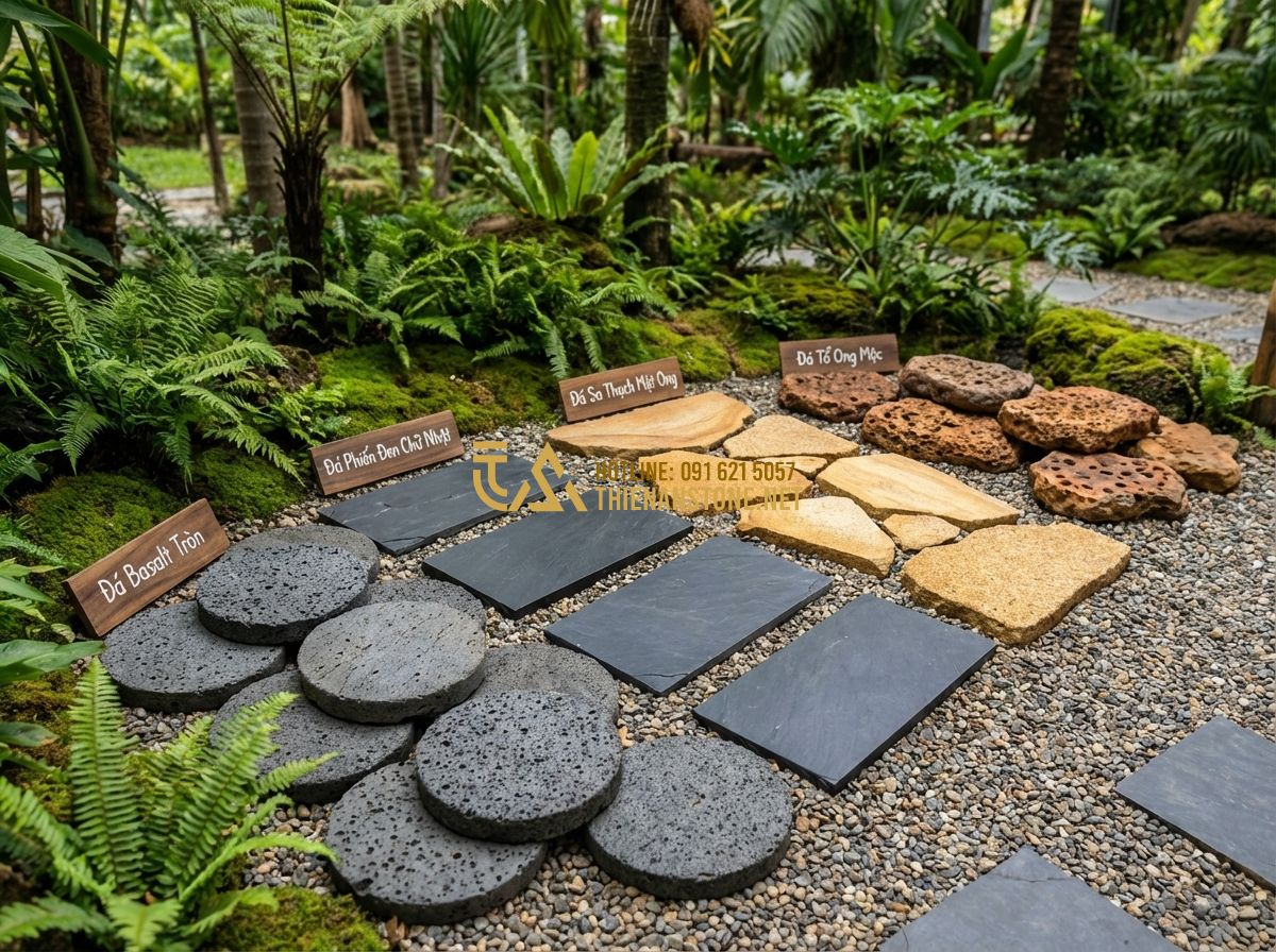 Bảng Giá Đá Bước Dặm Mới Nhất 2024 - Báo Giá Đá Dặm Bước Sân Vườn Rẻ Nhất - Tạo ảnh tiếng Anh: A collage showing four different types of stepping stones: gr