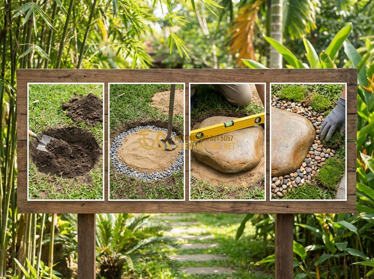 Bảng Giá Đá Bước Dặm Mới Nhất 2024 - Báo Giá Đá Dặm Bước Sân Vườn Rẻ Nhất - Tạo ảnh tiếng Anh: Step-by-step infographic showing how to install garden steppi