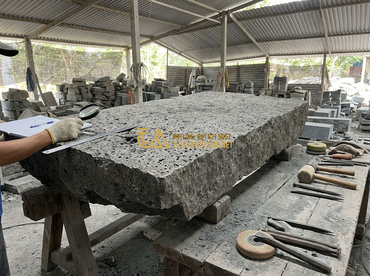 Bảng Giá Đá Bước Dặm Mới Nhất 2024 - Báo Giá Đá Dặm Bước Sân Vườn Rẻ Nhất - Tạo ảnh tiếng Anh: An expert stone craftsman at Thien An Stone workshop carefull