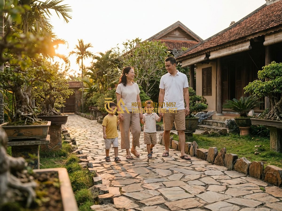 Bảng Giá Đá Bước Dặm Mới Nhất 2024 - Báo Giá Đá Dặm Bước Sân Vườn Rẻ Nhất - Tạo ảnh tiếng Anh: A happy family walking on a beautiful stone path in their gar