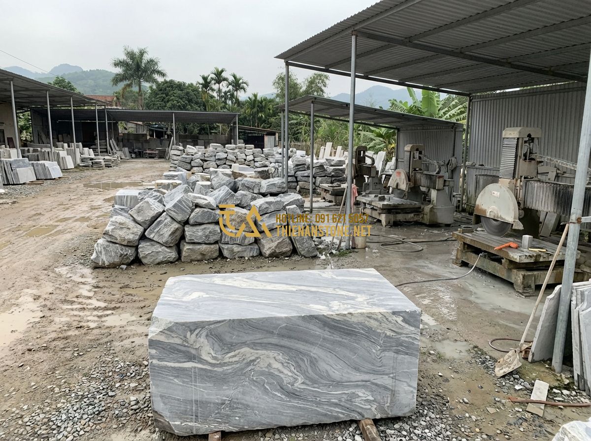 Bảng Giá Đá Bước Dặm Mới Nhất 2024 - Báo Giá Đá Dặm Bước Sân Vườn Rẻ Nhất - Tạo ảnh tiếng Anh: Exterior view of Thien An Stone workshop in Phu Tho, large pi