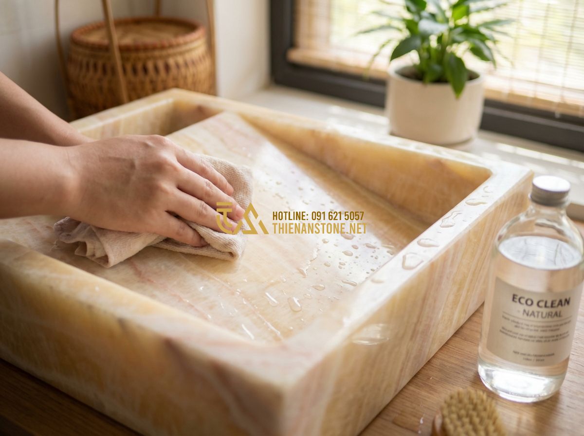 Bảng Giá Lavabo Đá Tự Nhiên Nguyên Khối Mới Nhất Tại Hà Nội, TP.HCM, Đà Nẵng - Hình 5 Bảng Giá Lavabo Đá Tự Nhiên Nguyên Khối Mới Nhất Tại Hà Nội, TP.HCM, Đà Nẵng - Tạo ảnh tiếng Anh: A close-up shot of a person gently cleaning a stone sink with