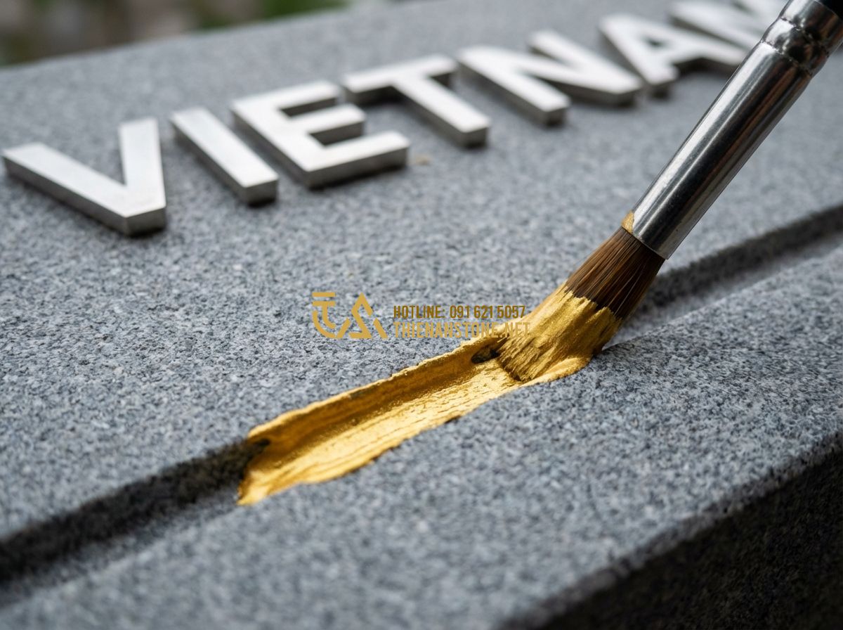 Bảng Hiệu Đá Hoa Cương: Ưu Điểm Vượt Trội Và Báo Giá Chi Tiết Năm 2024 - Hình 12 Bảng Hiệu Đá Hoa Cương: Ưu Điểm Vượt Trội Và Báo Giá Chi Tiết Năm 2024 - Tạo ảnh tiếng Anh: Macro shot of high-quality gold paint being applied into a de