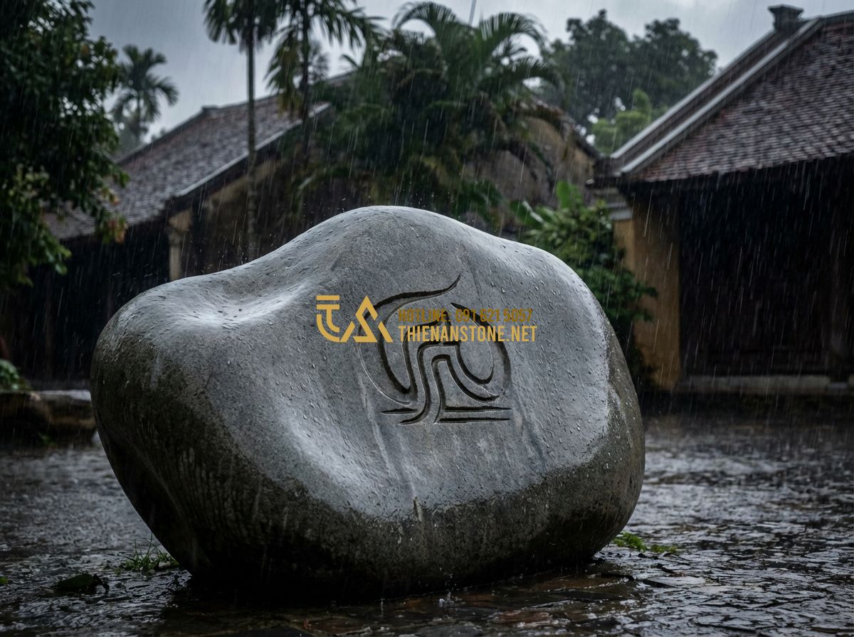 Bảng Hiệu Đá Hoa Cương: Ưu Điểm Vượt Trội Và Báo Giá Chi Tiết Năm 2024 - Hình 3 Bảng Hiệu Đá Hoa Cương: Ưu Điểm Vượt Trội Và Báo Giá Chi Tiết Năm 2024 - Tạo ảnh tiếng Anh: A granite sign board standing strong under heavy rain and win