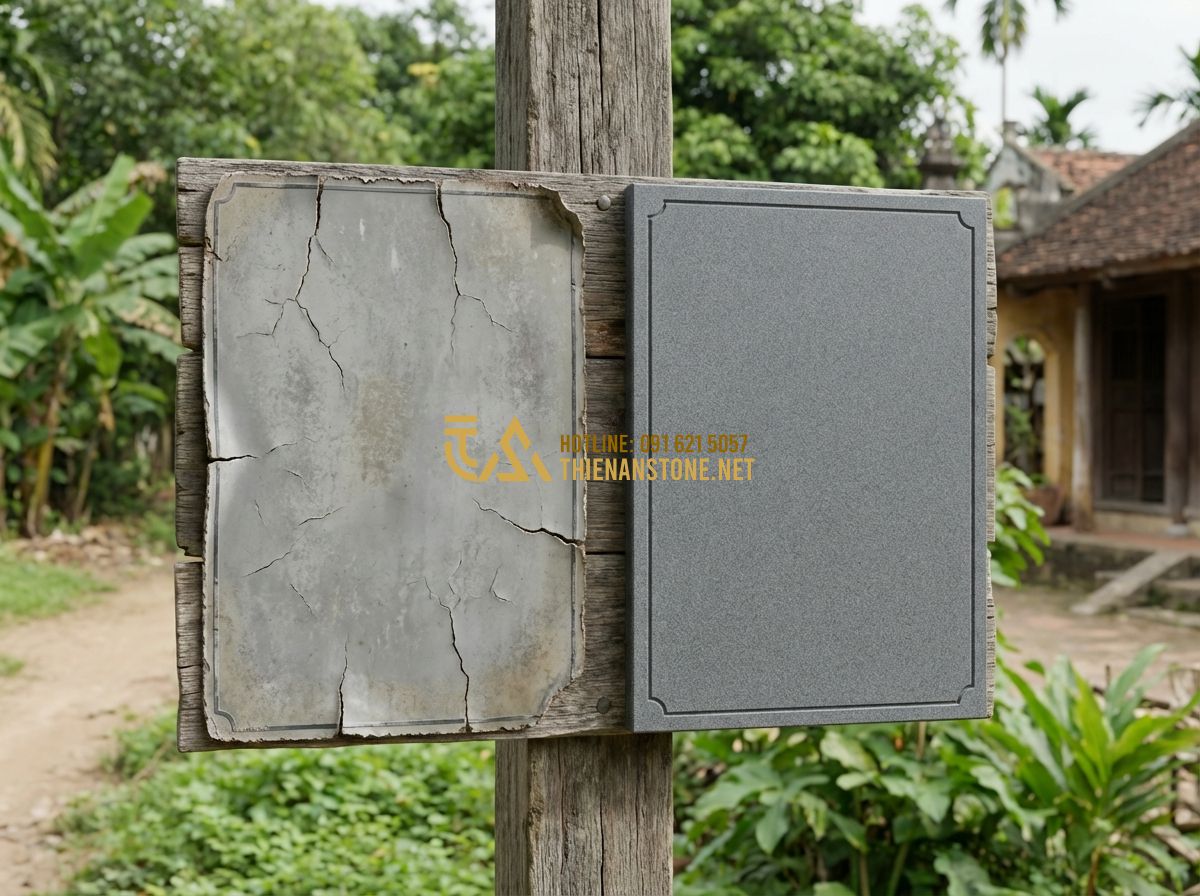Bảng Hiệu Đá Hoa Cương: Ưu Điểm Vượt Trội Và Báo Giá Chi Tiết Năm 2024 - Hình 4 Bảng Hiệu Đá Hoa Cương: Ưu Điểm Vượt Trội Và Báo Giá Chi Tiết Năm 2024 - Tạo ảnh tiếng Anh: Side-by-side comparison of a weathered plastic sign and a pri