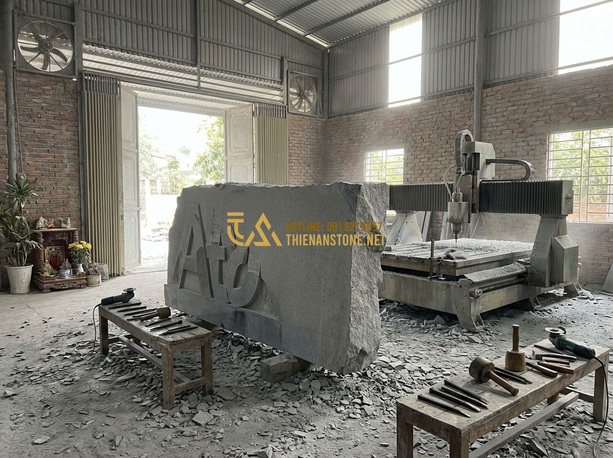 Bảng Hiệu Đá Hoa Cương: Ưu Điểm Vượt Trội Và Báo Giá Chi Tiết Năm 2024 - Hình 5 Bảng Hiệu Đá Hoa Cương: Ưu Điểm Vượt Trội Và Báo Giá Chi Tiết Năm 2024 - Tạo ảnh tiếng Anh: Inside a professional stone carving workshop. Master artisans