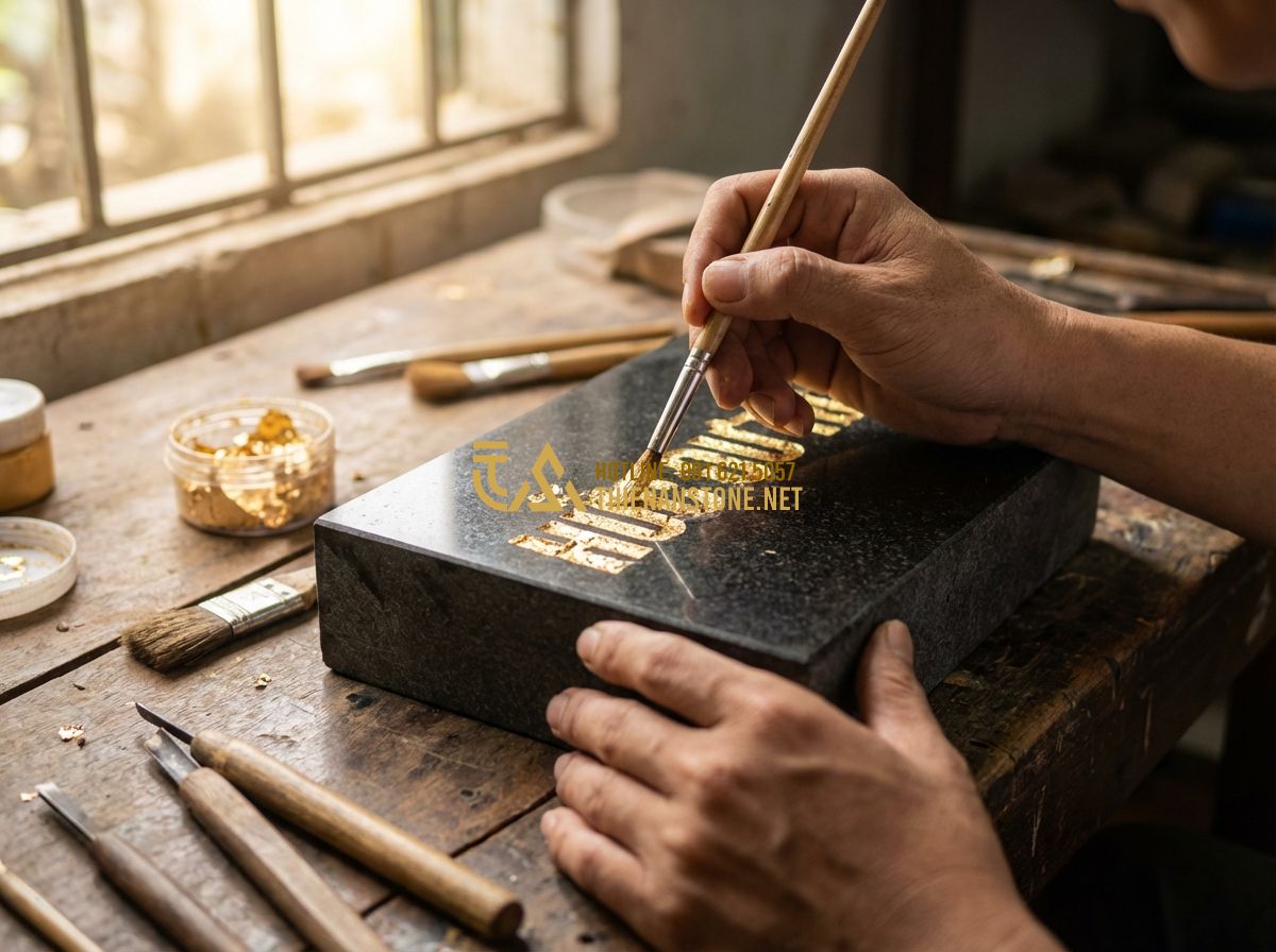 Bảng Hiệu Đá Hoa Cương: Ưu Điểm Vượt Trội Và Báo Giá Chi Tiết Năm 2024 - Hình 6 Bảng Hiệu Đá Hoa Cương: Ưu Điểm Vượt Trội Và Báo Giá Chi Tiết Năm 2024 - Tạo ảnh tiếng Anh: A detailed shot of a craftsman hand-painting gold leaf into d