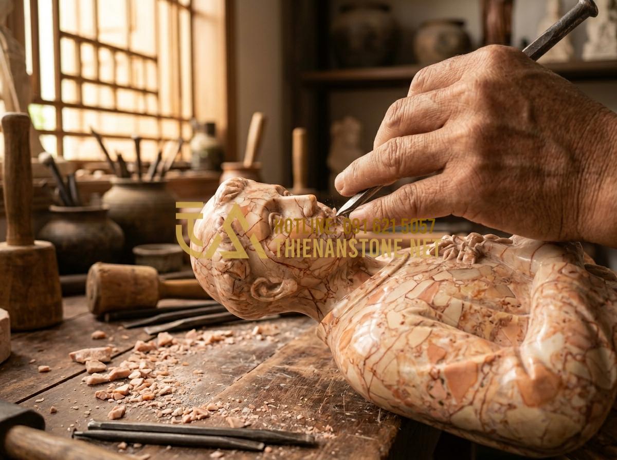 Báo Giá Bàn Thờ Chúa Bằng Gỗ, Đá, Kính 2026 - Mua Bàn Thờ Công Giáo Ở Đâu Uy Tín? - Tạo ảnh tiếng Anh: An expert artisan's hand using a fine chisel to carve the det
