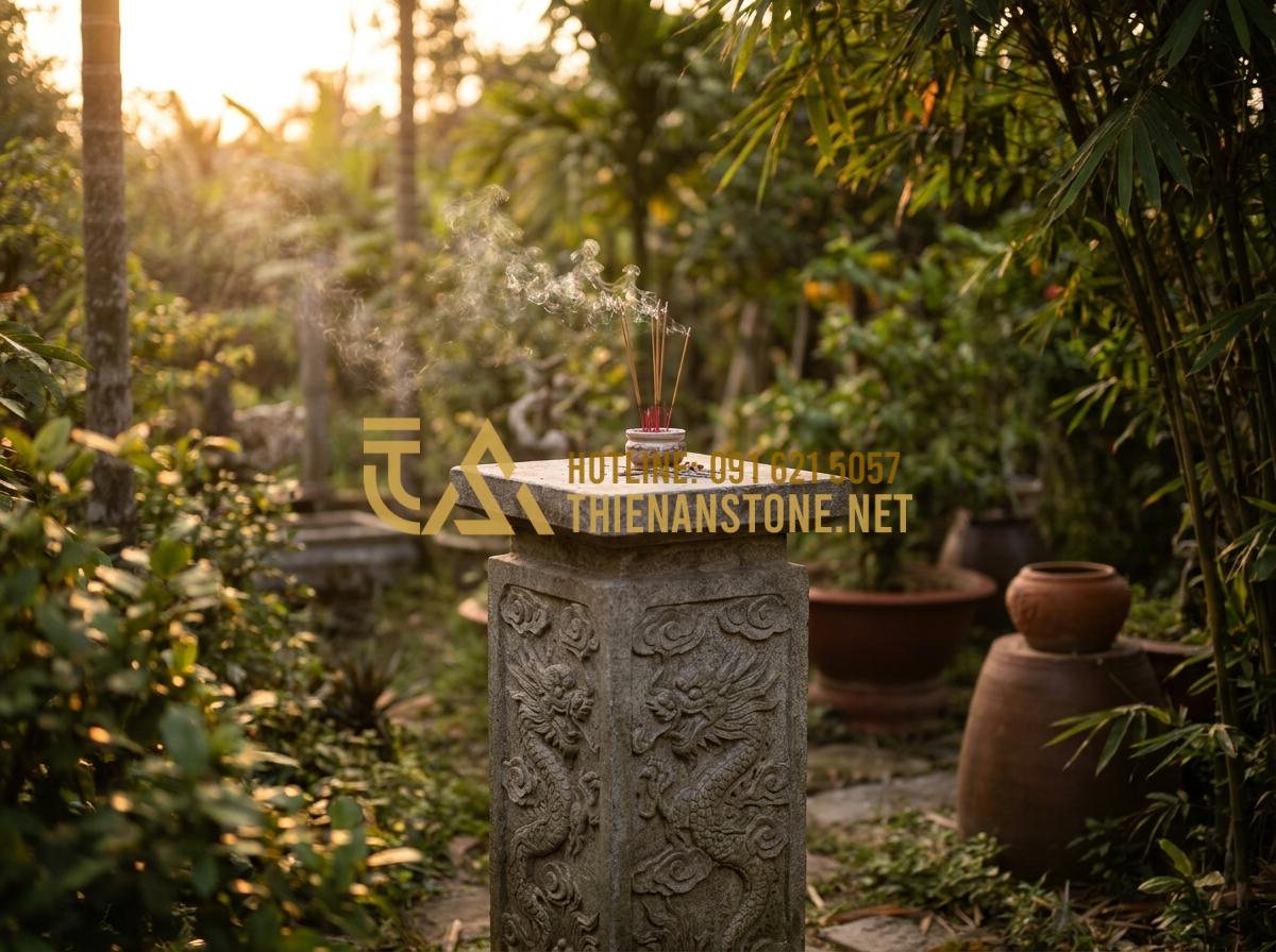 Báo Giá Bàn Thờ Thiên Ngoài Trời Bằng Đá 2026 & Kích Thước Chuẩn Lỗ Ban - Create a high-quality photo of a traditional Vietnamese stone altar (Ban Tho Thi