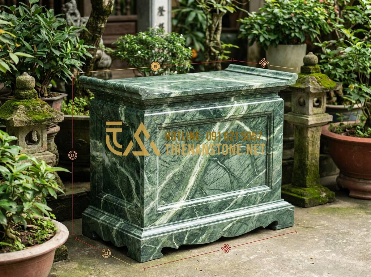 Báo Giá Bàn Thờ Thiên Ngoài Trời Bằng Đá 2026 & Kích Thước Chuẩn Lỗ Ban - An infographic style image showing a stone altar with measurement lines and labe