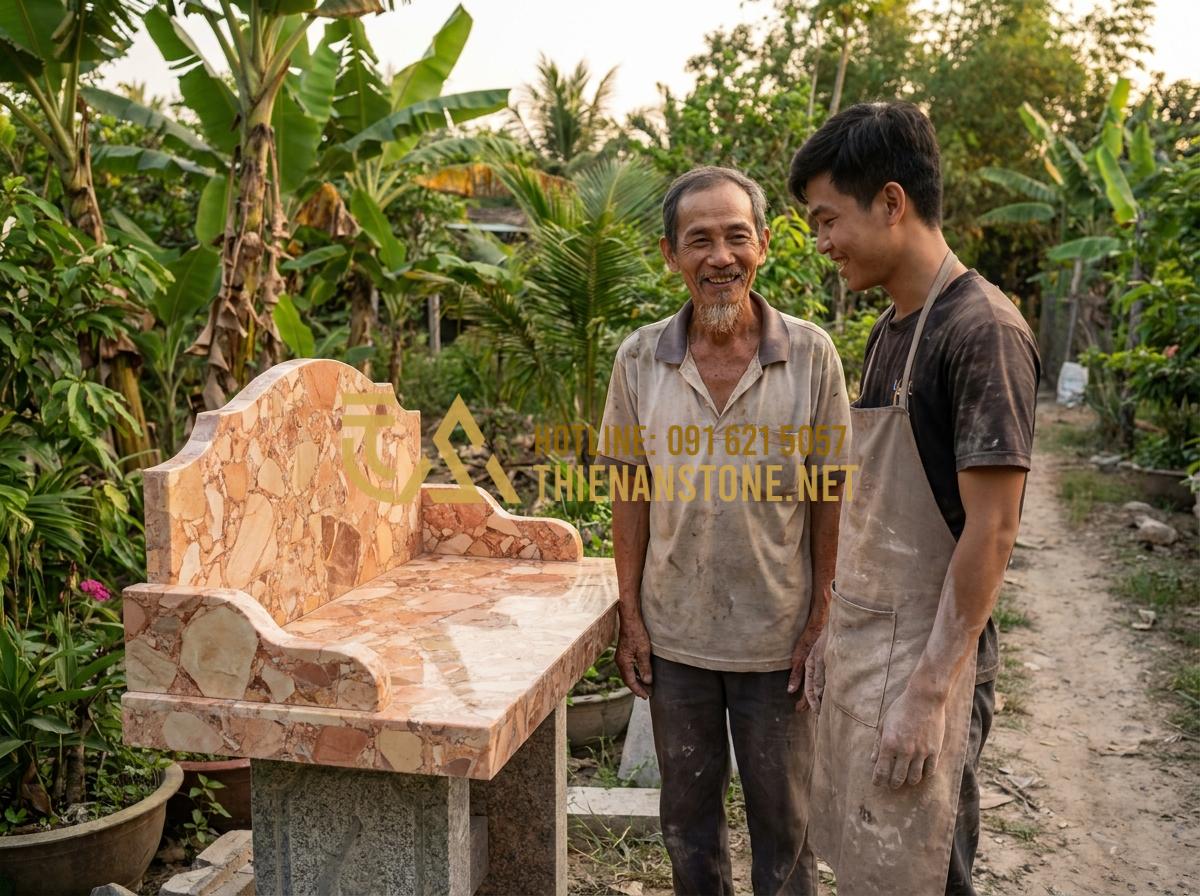Báo Giá Bàn Thờ Thiên Ngoài Trời Bằng Đá 2026 & Kích Thước Chuẩn Lỗ Ban - A heartwarming scene showing an elderly Vietnamese man (the retired teacher) and