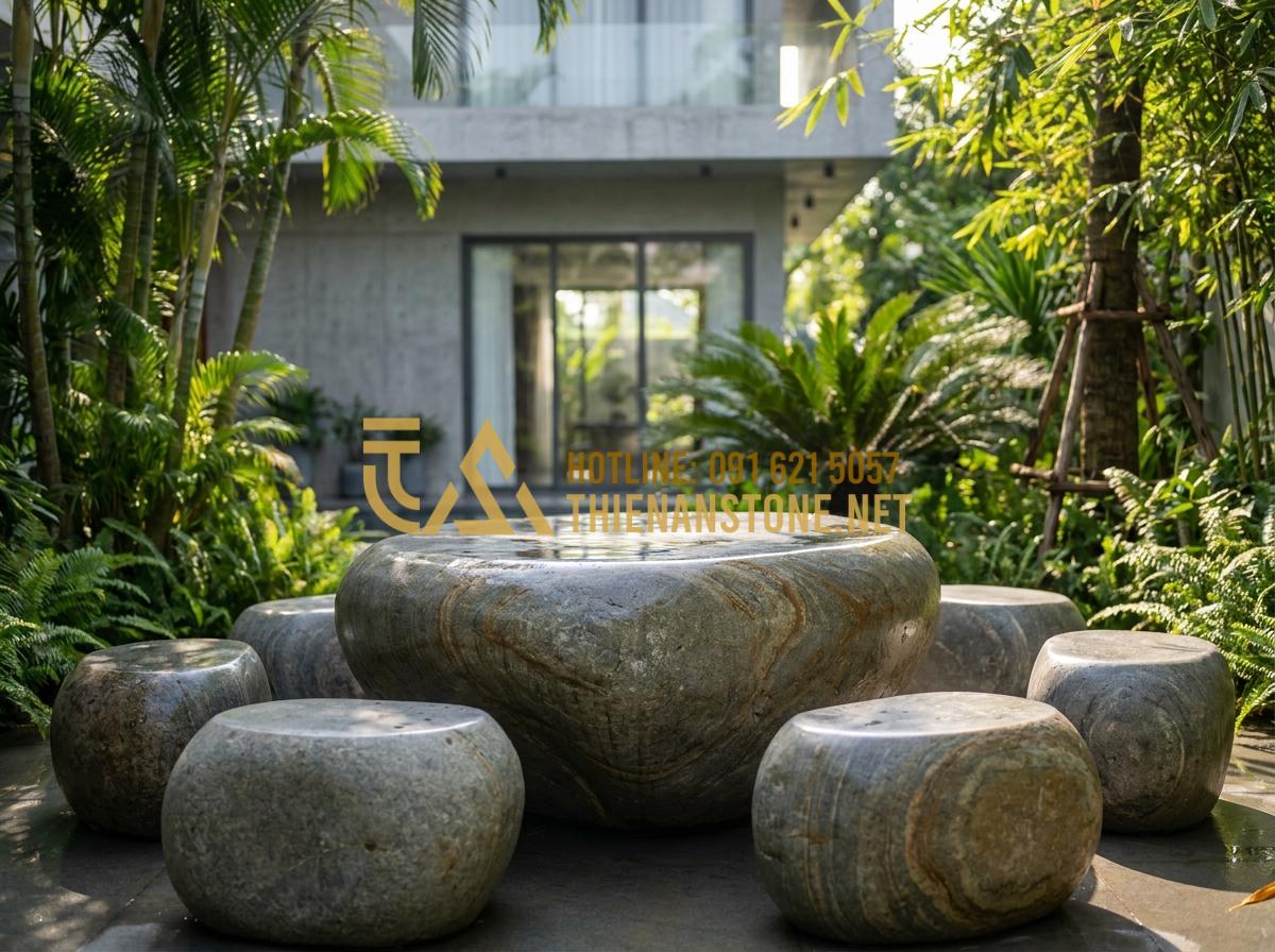 Báo giá bàn trà bằng đá tự nhiên 2026: Mua ở đâu uy tín, giá tốt? - Tạo ảnh tiếng Anh: A high-end luxury outdoor natural stone tea table set placed