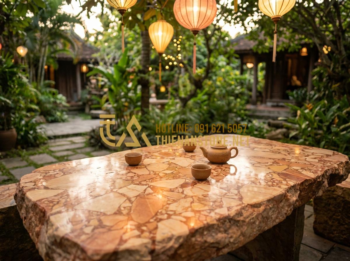 Báo giá bàn trà bằng đá tự nhiên 2026: Mua ở đâu uy tín, giá tốt? - Tạo ảnh tiếng Anh: A peaceful evening scene with a family sitting around a natur