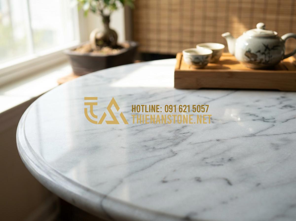 Báo giá bàn trà bằng đá tự nhiên 2026: Mua ở đâu uy tín, giá tốt? - Tạo ảnh tiếng Anh: Close-up of natural stone textures on a tea table, showing un