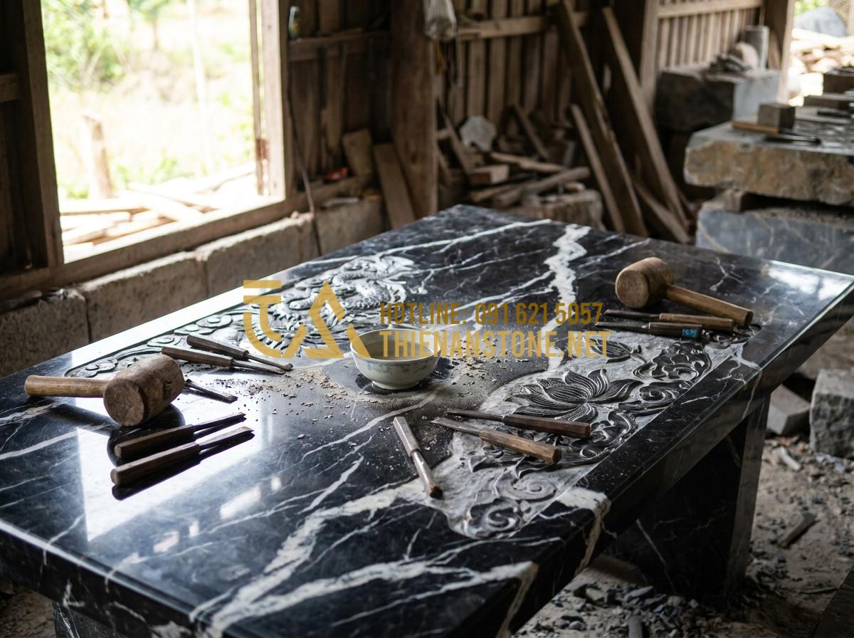 Báo giá bàn trà bằng đá tự nhiên 2026: Mua ở đâu uy tín, giá tốt? - Tạo ảnh tiếng Anh: A skilled artisan using traditional tools to carve intricate