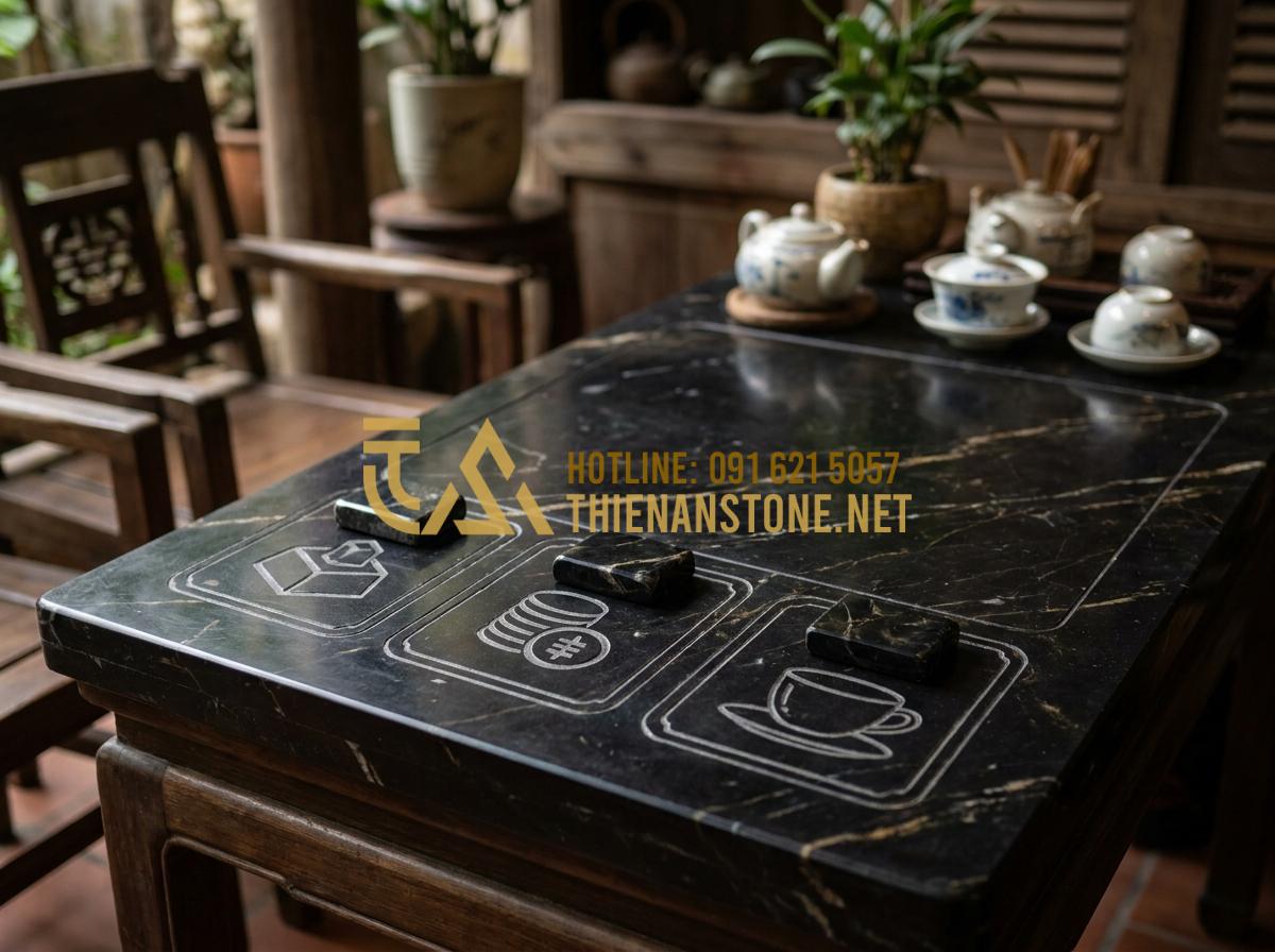 Báo giá bàn trà bằng đá tự nhiên 2026: Mua ở đâu uy tín, giá tốt? - Tạo ảnh tiếng Anh: A professional comparison table of different types of natural