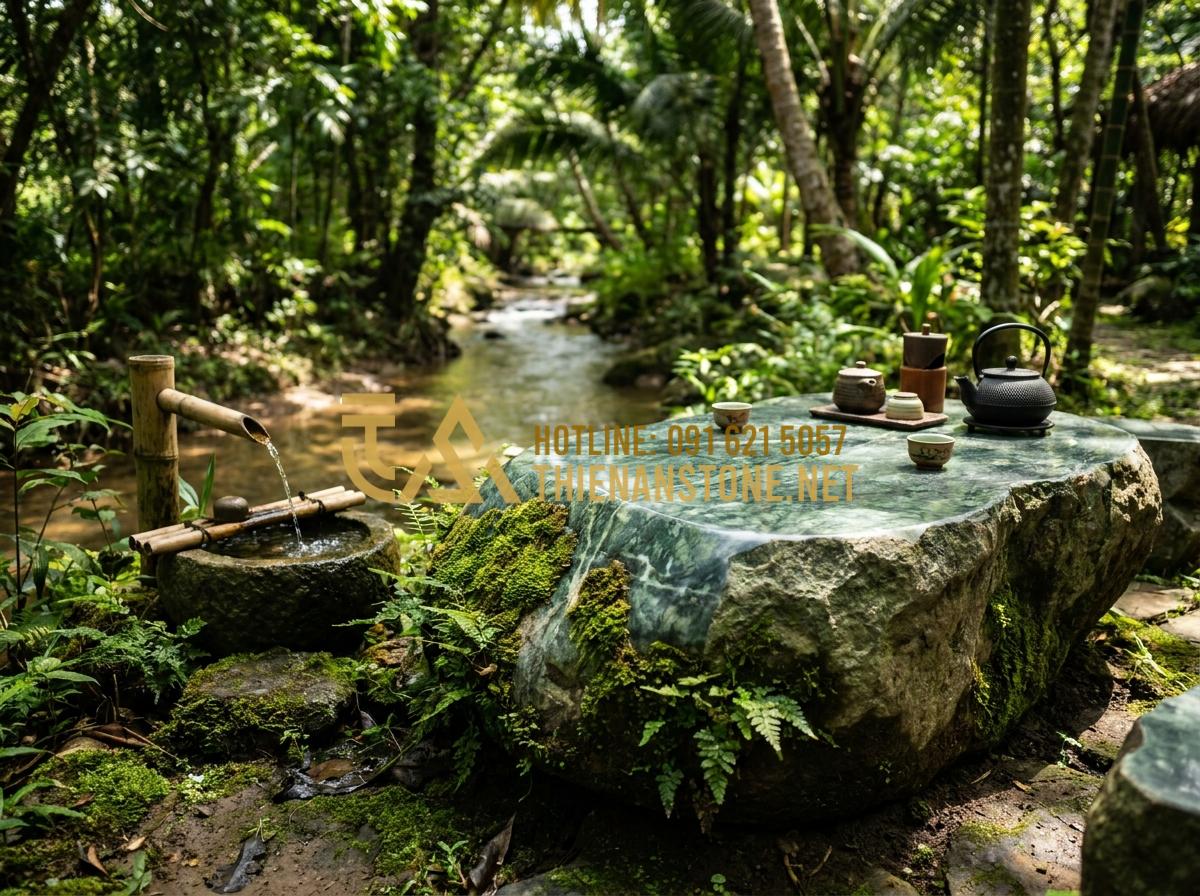 Báo giá bàn trà bằng đá tự nhiên 2026: Mua ở đâu uy tín, giá tốt? - Tạo ảnh tiếng Anh: A natural river stone tea table set in a woodland garden sett
