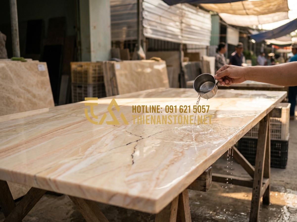 Báo giá bàn trà bằng đá tự nhiên 2026: Mua ở đâu uy tín, giá tốt? - Tạo ảnh tiếng Anh: A person checking the quality of a stone surface by pouring w