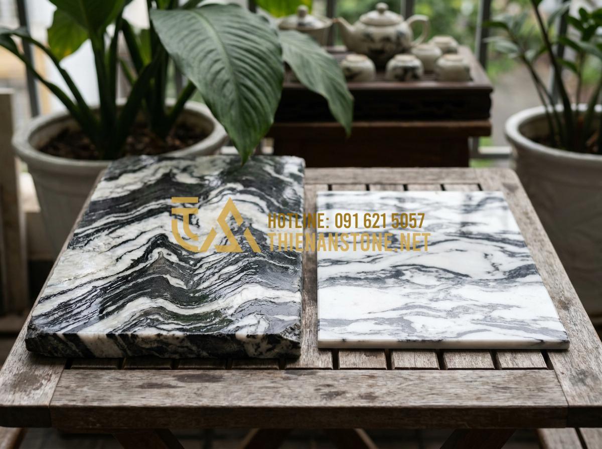 Báo giá bàn trà bằng đá tự nhiên 2026: Mua ở đâu uy tín, giá tốt? - Tạo ảnh tiếng Anh: Side by side comparison of a real natural stone texture versu