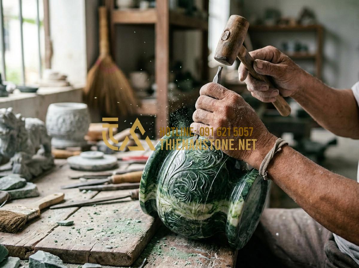 Báo Giá Bát Hương Đá 2026: Giá Bát Hương Bằng Đá Tại Xưởng Là Bao Nhiêu? - Tạo ảnh tiếng Anh: Close-up shot of an artisan's hands carefully carving traditi