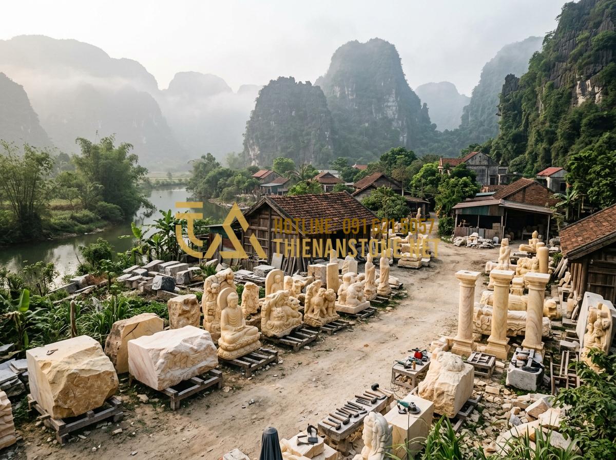 Báo Giá Bát Hương Đá 2026: Giá Bát Hương Bằng Đá Tại Xưởng Là Bao Nhiêu? - Tạo ảnh tiếng Anh: A panoramic view of a traditional Vietnamese stone carving vi